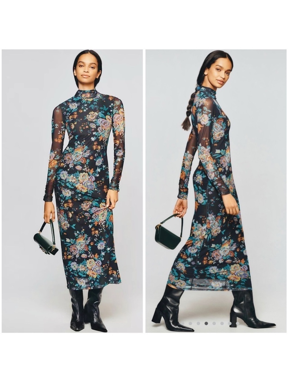 Anthropolgie Floral Mesh Long-Sleeve Midi Dress - Black Floral